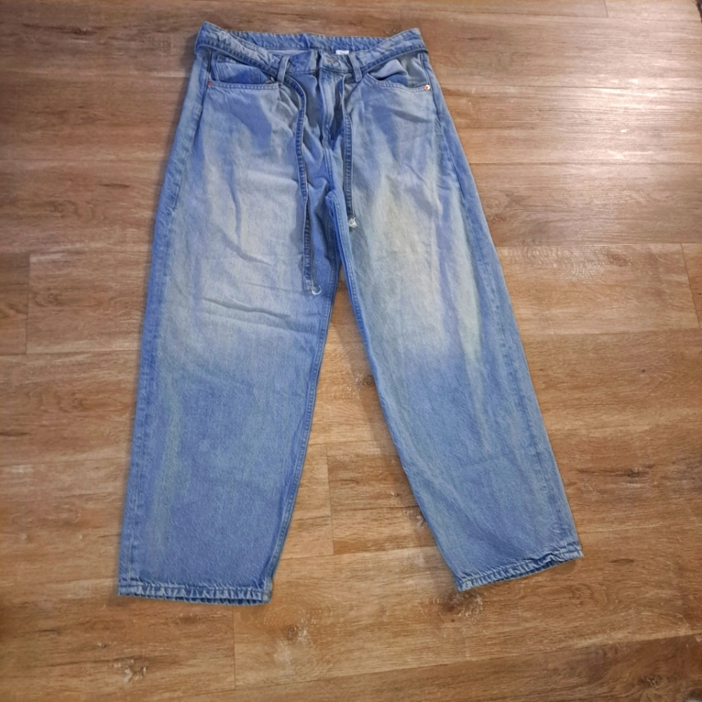 H&M Super Baggy Low Waist Loose Relaxed Fit Blue Denim Jeans Belt Women Size 10